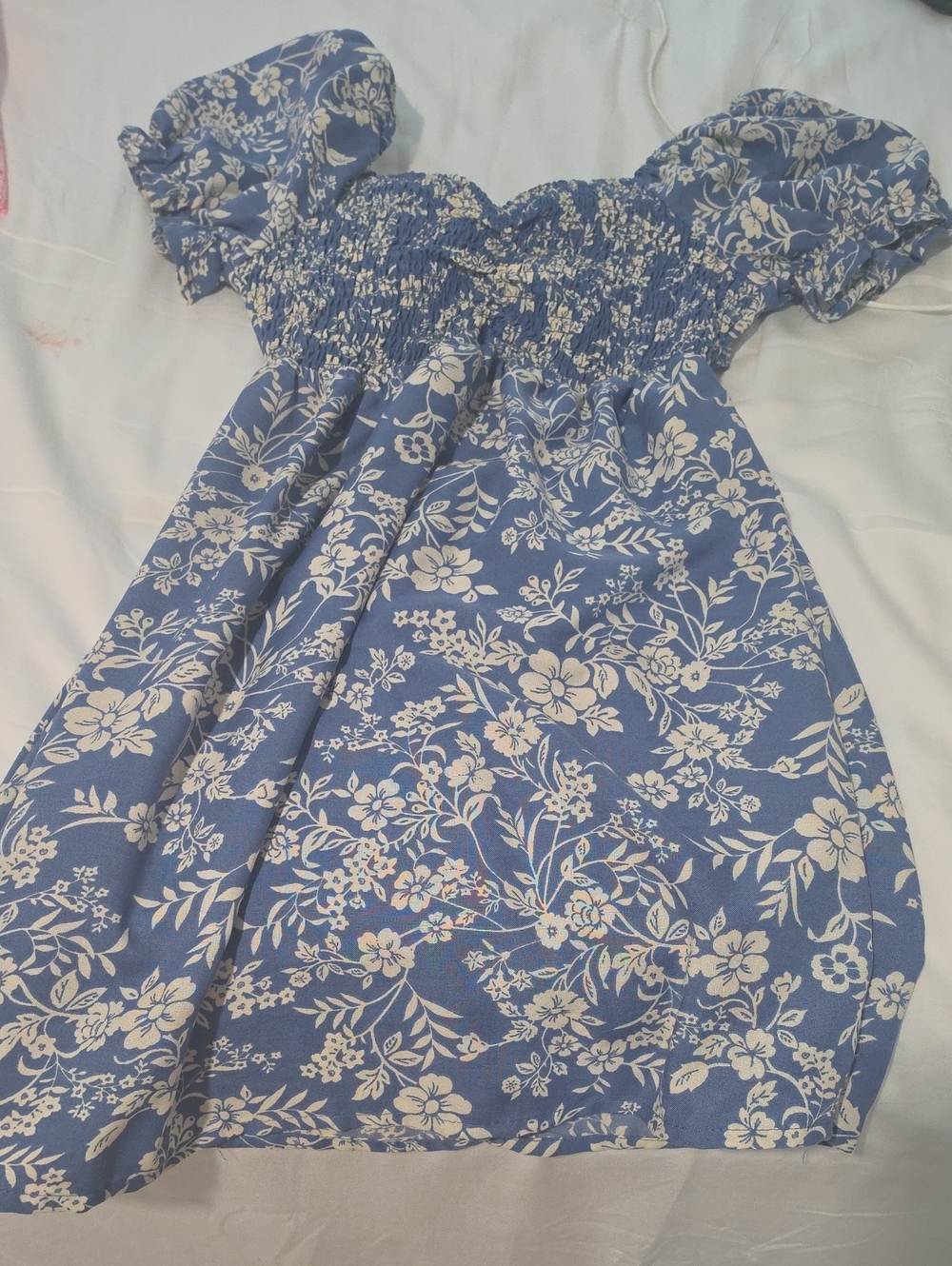 Blue Floral Smocked Puff-Sleeve Kids Dress